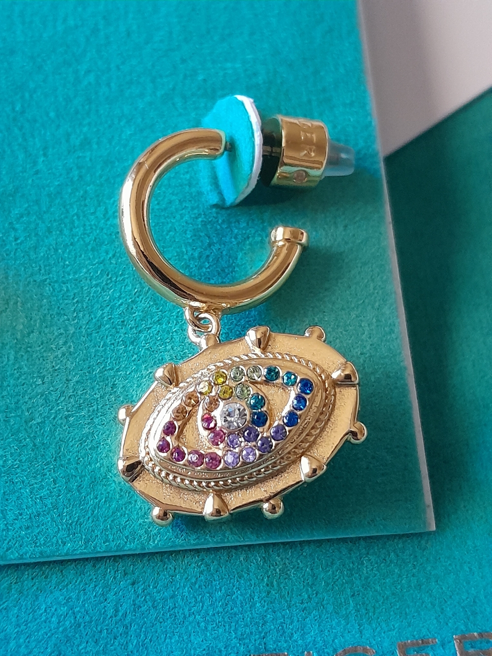 Kurt Geiger Rainbow Evil Eye Huggie Drop Earrings w Multicolor Crystal Charms - Picture 3 of 6